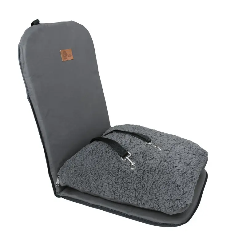 Grey your GEAR Frontera dog car seat with high side walls, soft plush cushion, two adjustable safety leashes, and secure backrest, suitable for front or rear car seats, designed for pet comfort and safety while traveling.