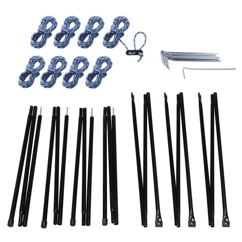 Kit de montage yourGEAR Windschutz Levante 600 : 4 piquets verticaux noirs, 3 barres transversales, 8 cordes bleues, sardines métalliques et clé, pour pare-vent 600x140 cm camping, plage ou jardin.