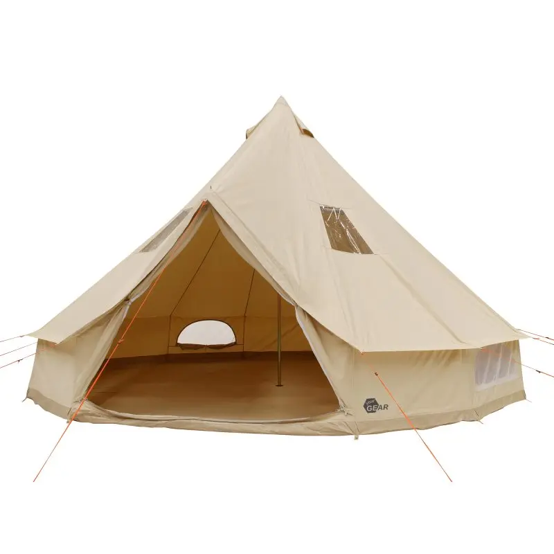 Tienda tipi your GEAR Desert 8 Pro beige, para 8 personas, con amplia entrada, ventanas con mosquitera, tejido de algodón, suelo tipo bañera fijo y protección UV50+. Ideal para camping familiar.