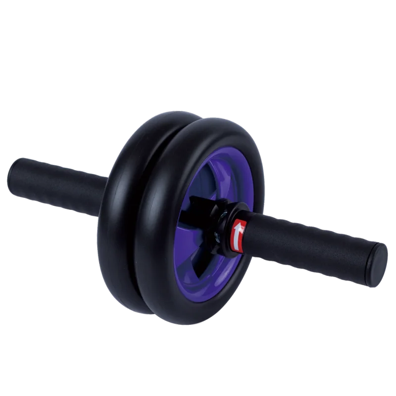 Spirit Carnegie Ab Toner Roller with dual black wheels, purple center hub, and foam handles, designed for effective ab and back muscle training at home or gym. Fitness equipment for core workouts.