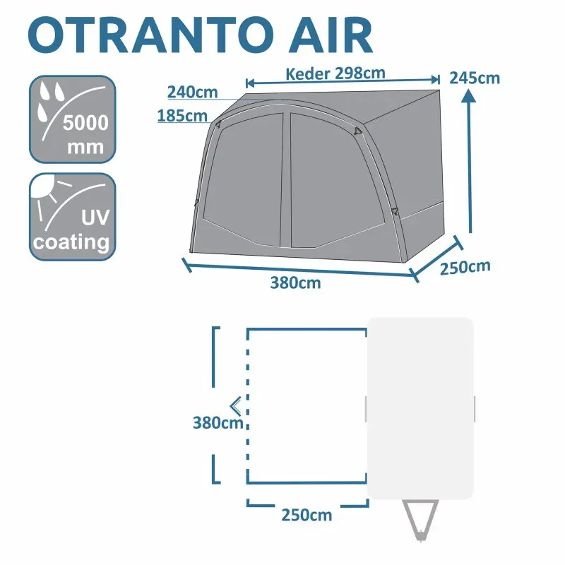 Auvent gonflable your GEAR Otranto Air 380 x 250 cm pour caravane, imperméabilité 5000 mm, protection UV, hauteur d'installation 245 cm, grandes dimensions avec paroi panoramique.