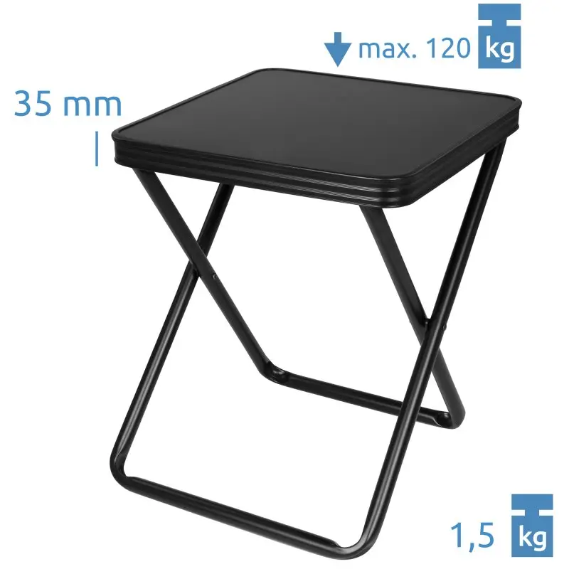 Sgabello pieghevole yourGEAR Tavolino3D in alluminio con piano removibile, struttura nera, spessore 35 mm, portata fino a 120 kg, peso 1,5 kg, ideale per campeggio e outdoor.