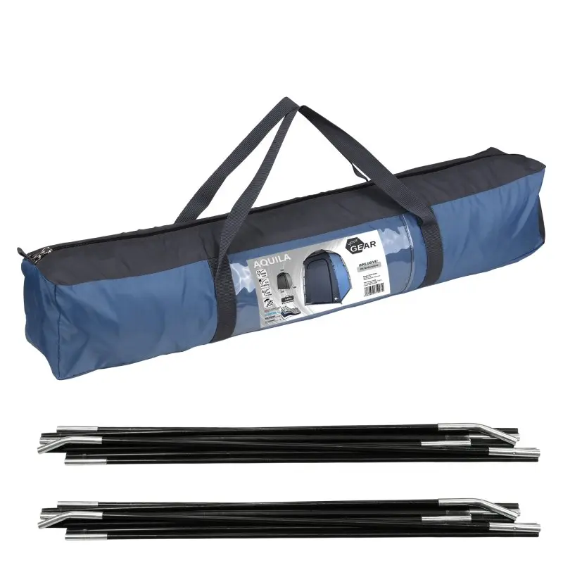 Sac de transport bleu your GEAR Aquila avec anses, étiquette illustrée du Duschzelt, accompagné de deux jeux d'arceaux noirs pour montage du tente douche, vestiaire ou abri multifonction camping.