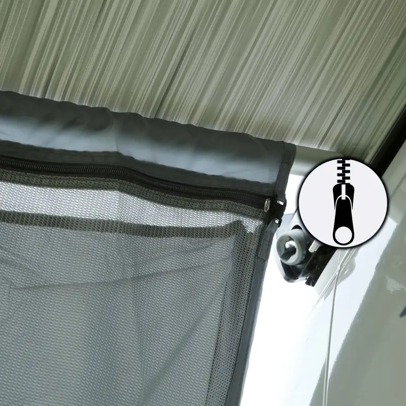 Pared lateral your GEAR Sun + Rain Blocker para toldo de vehículo, tela gris transpirable, montaje con barra, cremallera visible, protección contra sol, viento y lluvia, compatible con toldos de 250 cm.