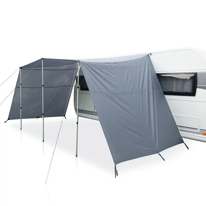 Auvent your GEAR Teramo 400 gris avec parois latérales, monté sur un camping-car; structure en aluminium, toile résistante UV 50+, dimensions 400 x 240 cm, protection solaire et pluie pour caravane.