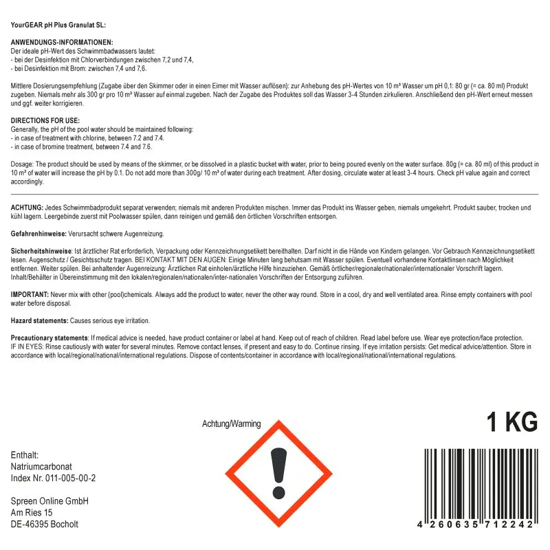 yourGEAR 1 kg pH Plus Granulate SL in white packaging with detailed usage instructions, safety warnings, hazard symbol, barcode, and product information for pool water pH stabilization.
