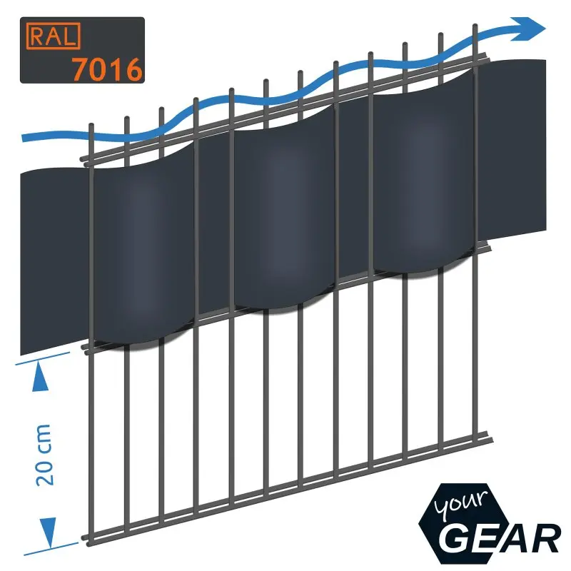 Sichtschutzstreifen aus PVC in Anthrazit (RAL 7016), 20 cm hoch, zur Montage in Einzel- und Doppelstabmatten, ideal für Zaun- und Gartensichtschutz, yourGEAR Logo unten rechts.
