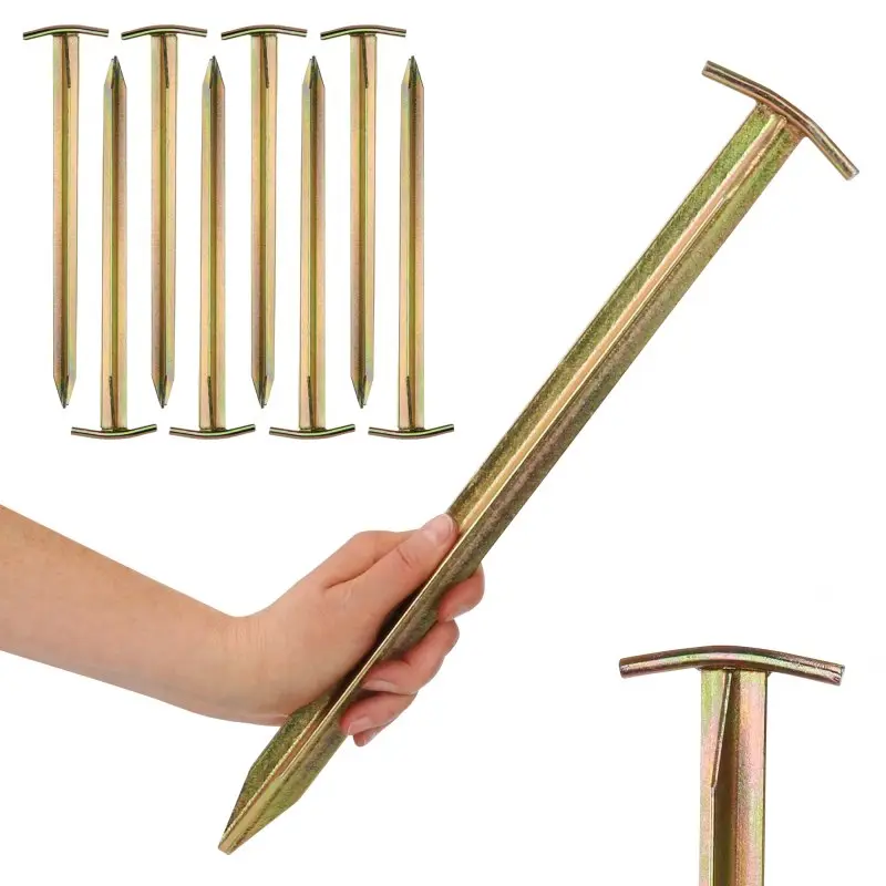Lot de 8 piquets de tente your GEAR TT 400 en acier, profil en T, robustes, longueur 400 mm, montrés avec une main tenant un piquet pour illustrer la taille et la solidité du produit.