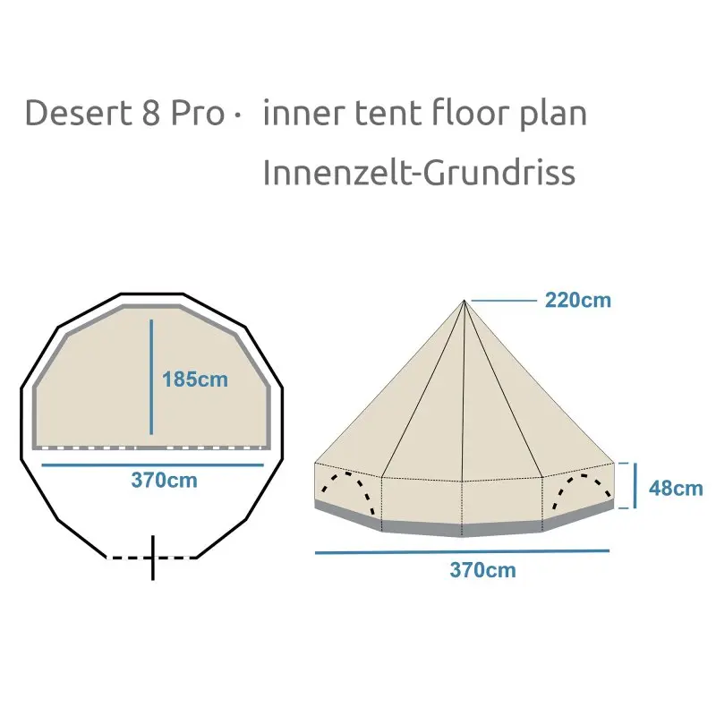 Grundriss und Seitenansicht des your GEAR Desert 8 Pro Tipi Baumwollzelts, Maße: 370 cm Durchmesser, 220 cm Höhe, Schlafkabine 185 cm tief, ideal für 4–8 Personen, mit wannenförmigem Boden.