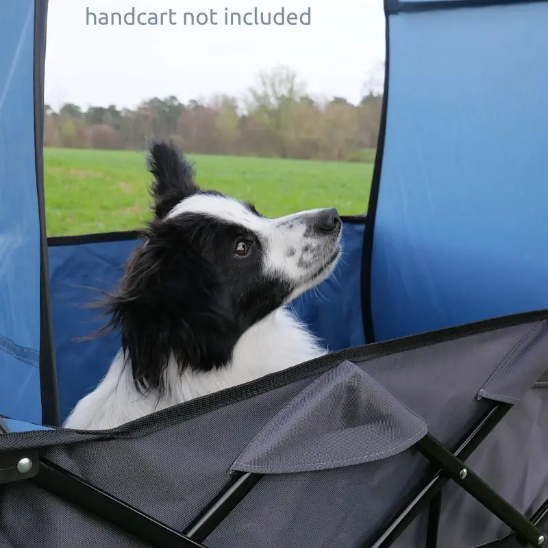 Toit solaire yourGEAR Pop Up Trolley Roof bleu avec fenêtre, monté sur un châssis de chariot, protection contre le soleil et la pluie, chien assis à l’intérieur, fond de parc verdoyant.