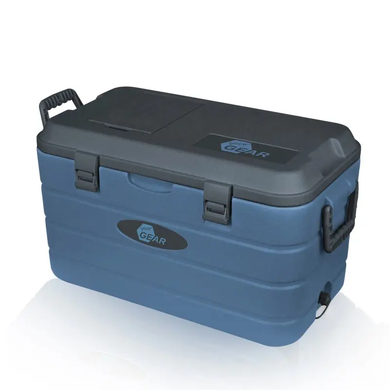yourGEAR Coolah 40 L Kühlbox, blaue Isolierbox mit schwarzem Deckel, zwei Verschlüssen und seitlichen Tragegriffen, ideal für Kühlung und Warmhalten von Lebensmitteln, robust und mobil einsetzbar.