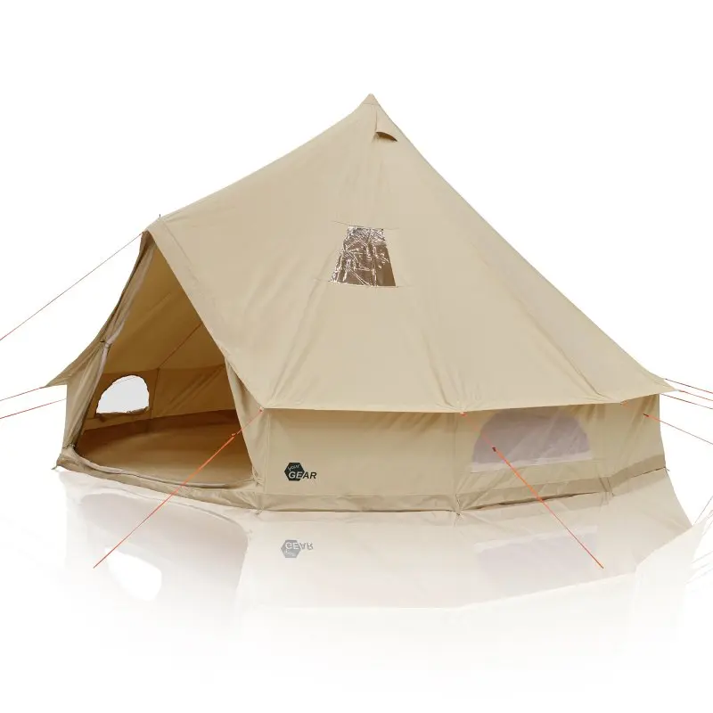 Tienda tipi your GEAR Desert 8 Pro beige para 4-8 personas, hecha de algodón-mix con suelo fijo tipo bañera, ventanas con mosquitera y cuerdas naranjas de sujeción, ideal para camping familiar.
