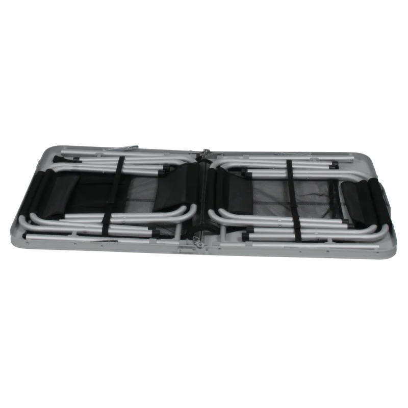 Table de camping pliable 10T pour 4 personnes, en aluminium, présenté en valise compacte avec tabourets pliés à l’intérieur, idéal pour le picnic ou le camping en famille, facile à transporter.