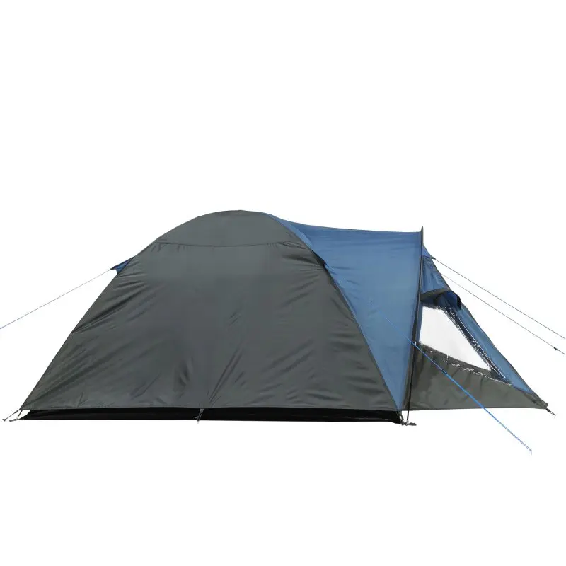 Tente dôme yourGEAR Matera 3 places bleu gris, avec auvent, fenêtres latérales, ventilation, toile imperméable 3000 mm, adaptée au camping et aux festivals, cordes de haubanage visibles.