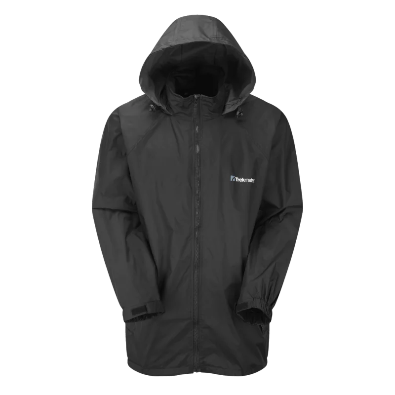Black Trekmates waterproof and breathable rain jacket with hood, front zipper, sealed seams, adjustable cuffs, and logo on chest. Made from 100% nylon, unisex design, windbreaker style, 3000mm water column.