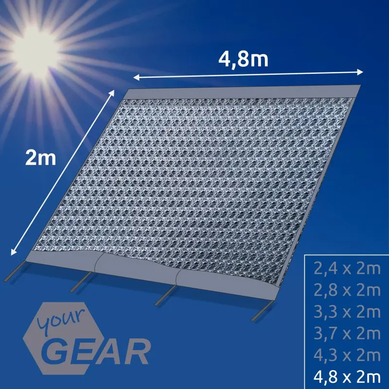 Vorderwand für Markise von your GEAR, 4,8 x 2 m, doppelwandig, silbergrau, schützt vor Sonne, Wind und Regen. Maße und weitere Größen auf blauem Hintergrund, Logo unten links, Sonnenstrahlen oben links.