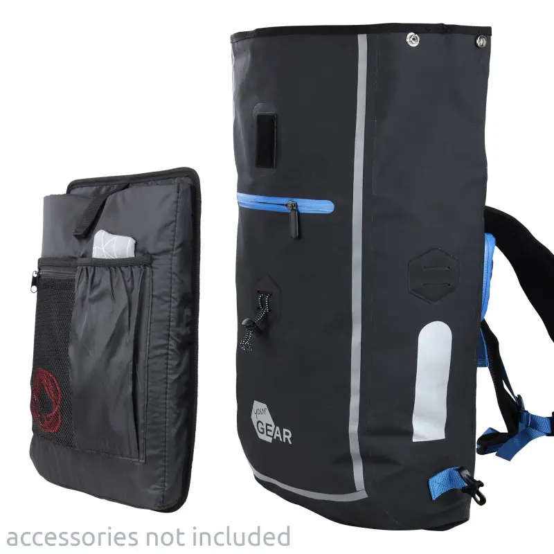 Sac yourGEAR Comano 23L noir, polyvalent 3-en-1 : sacoche vélo, sac à dos et sac ordinateur, avec poche zippée bleue, bandes réfléchissantes et housse pour ordinateur portable amovible.