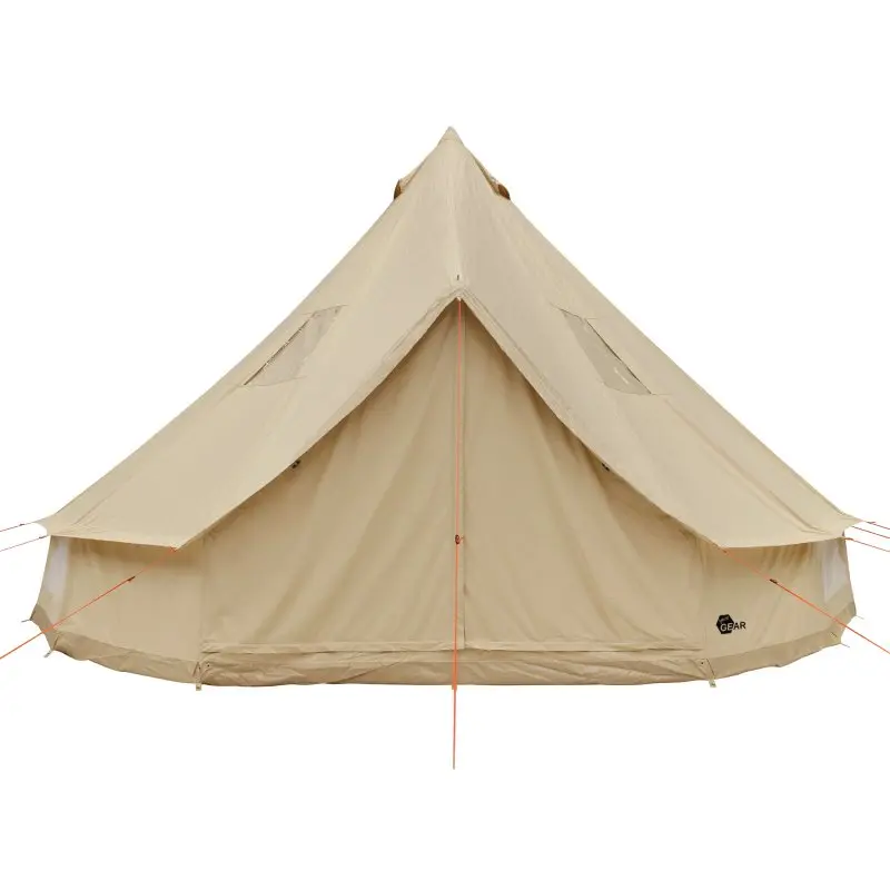 Zelt your GEAR Desert 8 Pro UV50+ aus beigem Baumwoll-Mischgewebe, Tipi-Form, große Eingangstür, Fenster mit Insektenschutz, robuste Abspannleinen, für 4–8 Personen, ideal als Familienzelt beim Camping.