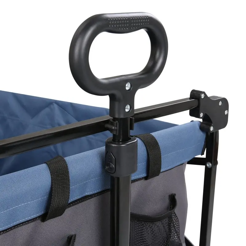 Detailansicht des your GEAR Trolley Cirrus XL Bollerwagens mit ergonomischem Ziehgriff, robuster Metallkonstruktion und strapazierfähigem Stoff in Blau und Grau, ideal für Outdoor und Camping.