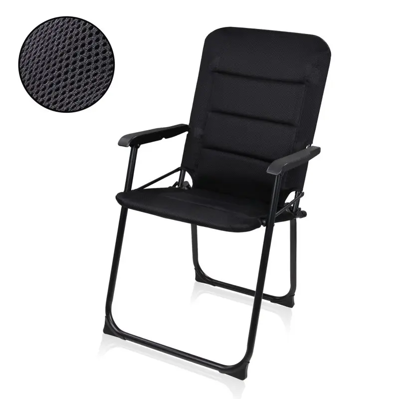 Chaise de camping your GEAR Lipari 3D en mesh noir, dossier haut et rembourré, cadre en aluminium pliable, accoudoirs solides, tissu respirant à séchage rapide, vue zoom sur la texture du tissu.