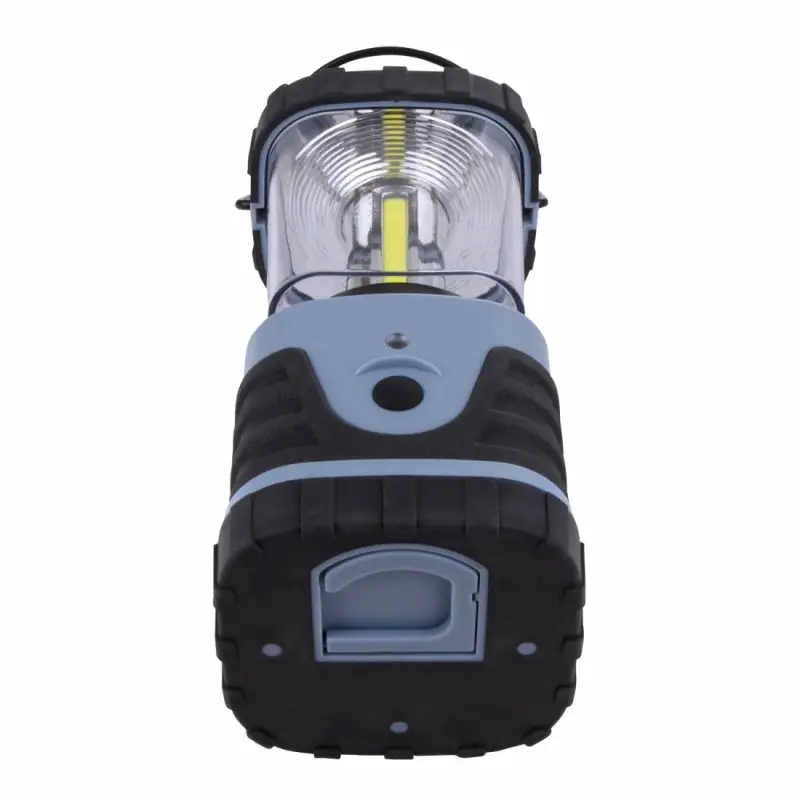 Blue 10T HPL 500 camping lantern with 500 lumens, 4 COB LEDs, rugged black rubber edges, and a sturdy handle. Features a 360-degree light output and durable, splash-proof design for outdoor use.