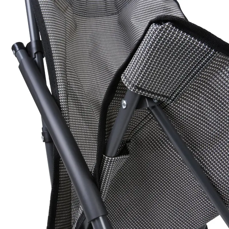 Détail du fauteuil de plage your GEAR Olbia en textilène tricolore, structure en métal noir, dossier haut, appuie-tête rembourré, tissu robuste et séchage rapide, idéal pour le camping et le jardin.