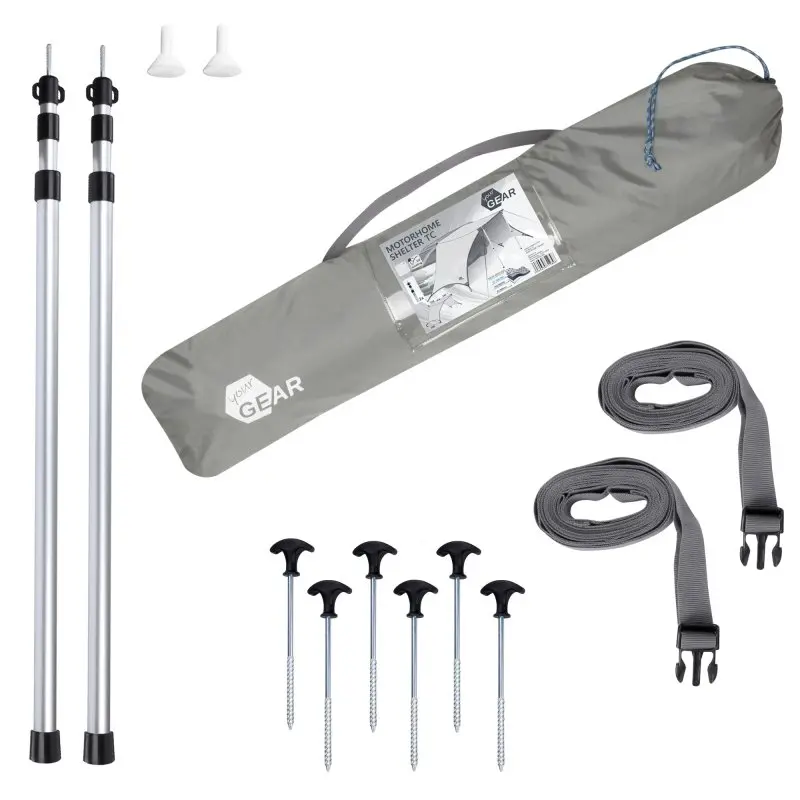 Telo parasole your GEAR Tropea TC per camper e van, con due pali telescopici in alluminio, picchetti, cinghie di fissaggio e borsa da trasporto grigia. Materiale misto cotone, protezione UV 50+.