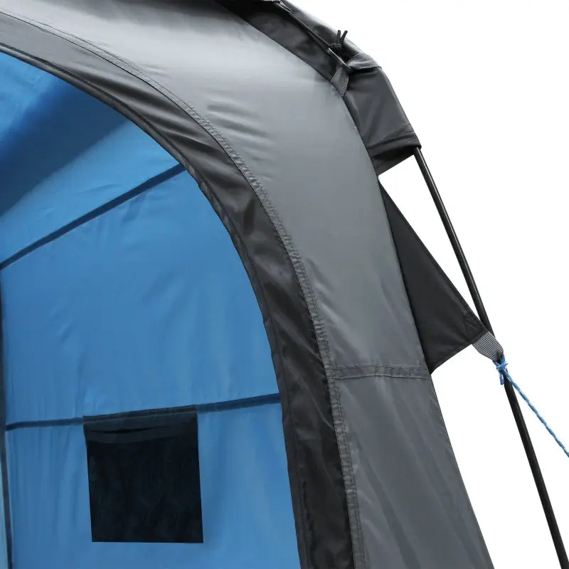 Détail du your GEAR Aquila, tente de douche et vestiaire, montrant la toile bleue et grise, une poche intérieure et des arceaux robustes, idéale pour camping, étanche 5000mm, protection UV 50+.