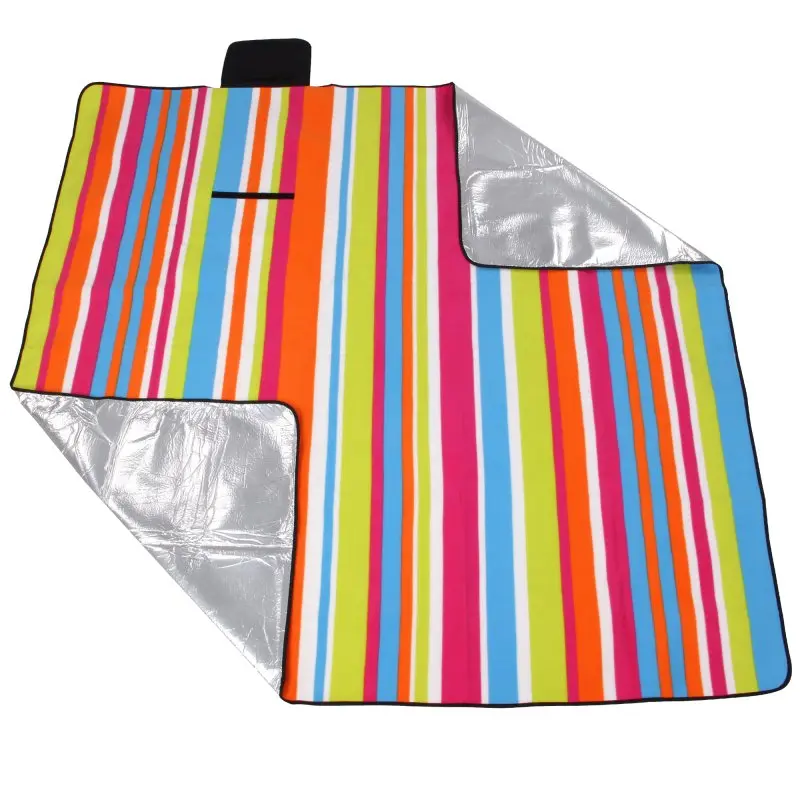 Manta de picnic yourGEAR Stripe XL 200x200 cm con superficie de franjas multicolores, parte inferior plateada impermeable y aislante, ideal para camping, playa y exteriores.