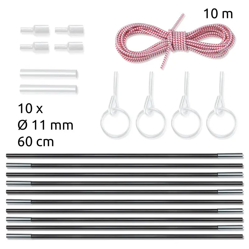Set de réparation de mâts de tente your GEAR FRP 11 mm : 10 segments en fibre de verre de 60 cm, 4 embouts, 2 manchons, 4 anneaux et corde de 10 m, idéal pour remplacer ou réparer des arceaux de tente.