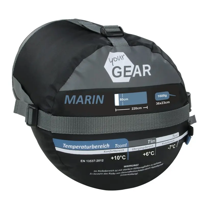 Sac de couchage your GEAR Marin bleu et gris, 220x80 cm, pour 3-4 saisons, température jusqu’à -7°C, compact dans une housse noire avec sangles et informations techniques imprimées.