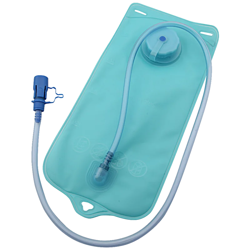 Trekmates Soft Feel Tanker 3000 hydration system for rucksacks, shown with large filling cap, flexible tube, silicone mouthpiece, and blue push-pull valve for leak-proof, hygienic hydration.