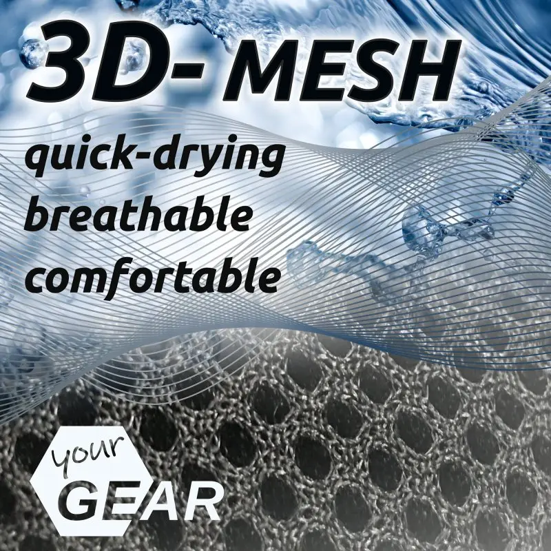 Close-up of yourGEAR Sovana 3D footrest mesh fabric, highlighting its quick-drying, breathable, and comfortable properties. Text overlay emphasizes 3D mesh material, ideal for camping chairs.