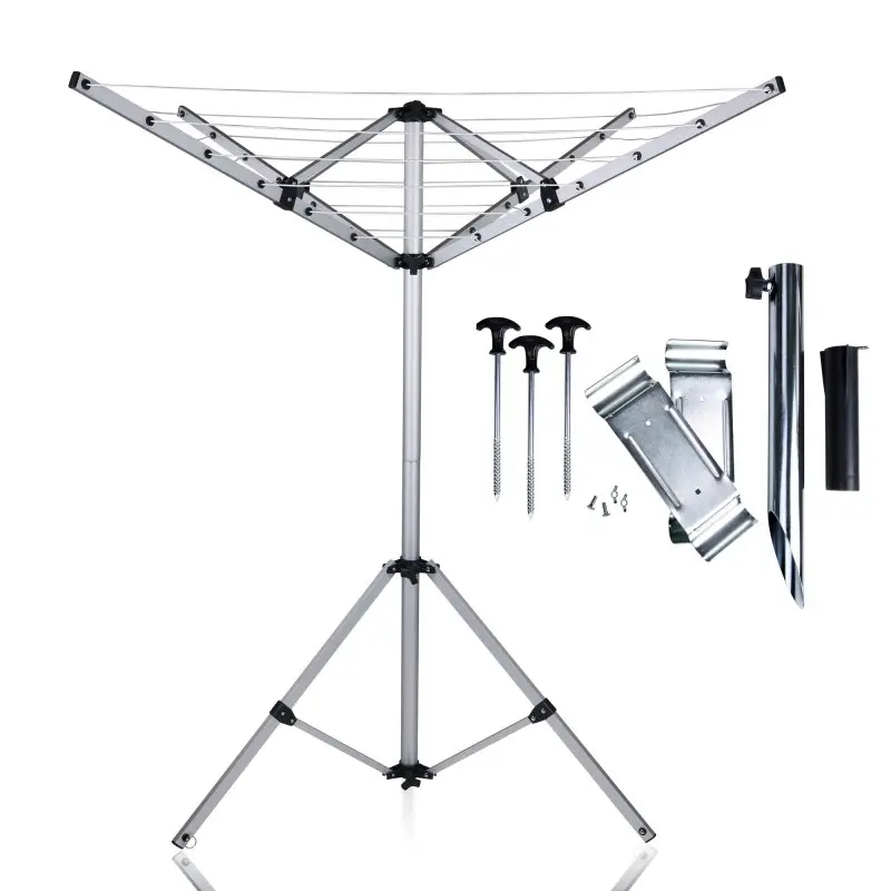 Stendibiancheria your GEAR Siena in alluminio con 4 bracci, supporto per ruota di caravan, treppiede stabile e accessori di montaggio inclusi, ideale per campeggio e caravan.