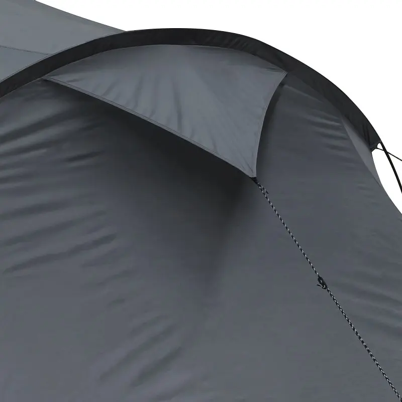 Close-up of the your GEAR Sopero 4 person tunnel tent showing the waterproof 5000 mm fabric, side entrance with canopy, and reinforced seams, ideal for camping and trekking.
