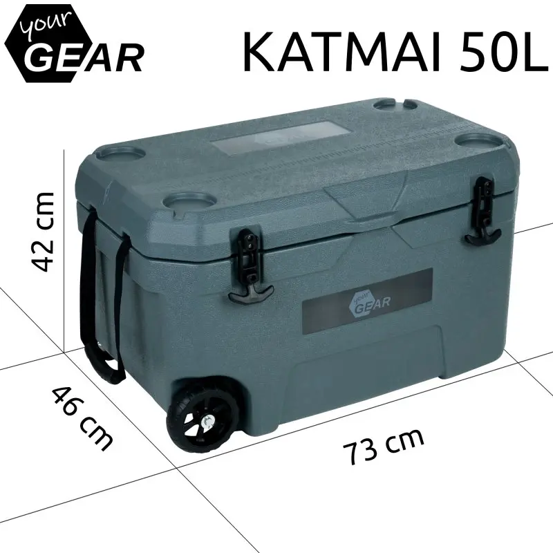 Glacière isotherme your GEAR Katmai 50L, 73x46x42 cm, avec roulettes, poignées de transport, isolation PU, bouchon de vidange, couleur grise, idéale pour conserver au frais jusqu’à 9 jours.