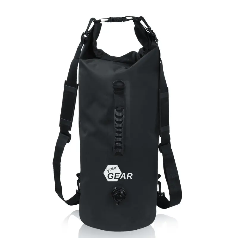 yourGEAR Dry Bag 20L, schwarzer wasserdichter Packsack aus PVC mit Schultergurten, Tragegriff, Ventil zum Aufblasen oder Komprimieren, Rollverschluss, robust und schwimmfähig, ideal für Outdoor und Wassersport.