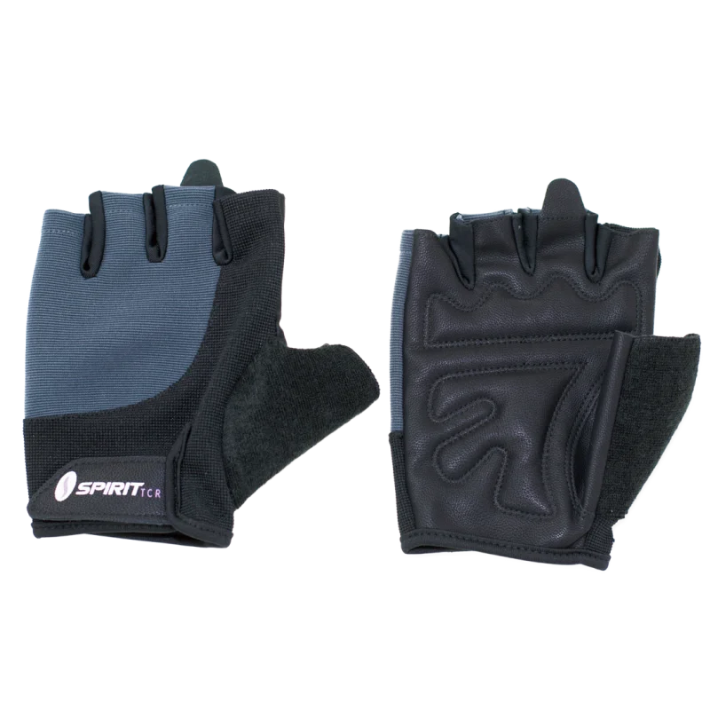Spirit Workout Glove S fitness gloves in black and grey, shown palm and back side, with partial finger coverage, padded palms, adjustable wrist strap, and Spirit TCR logo, designed for gym, weightlifting, and training.