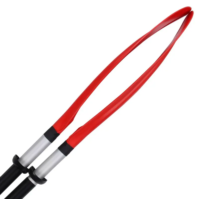 Two red plastic paddles with black and silver handles, shown against a white background.