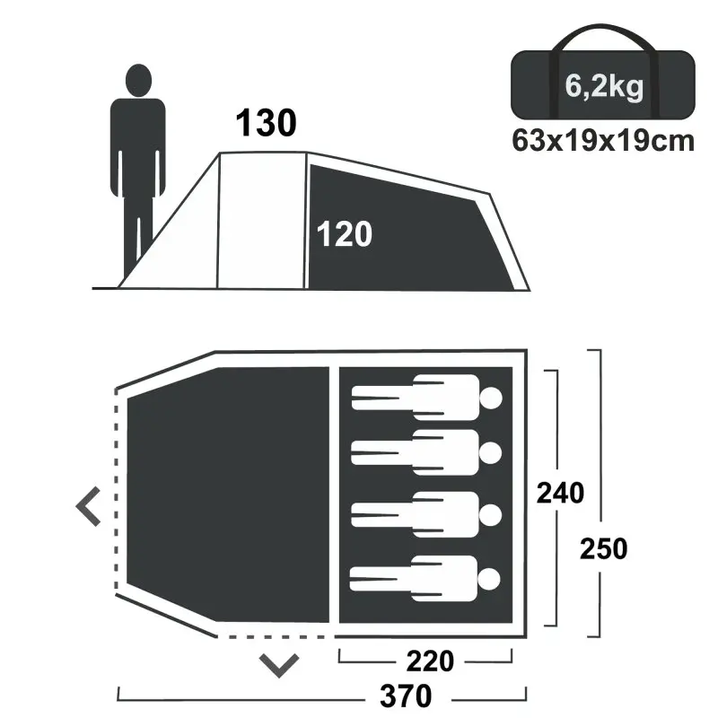 Diagram of the your GEAR Sopero 4 tunnel tent for 4 people, showing dimensions 370x250x130cm, sleeping area, vestibule, packed size 63x19x19cm, weight 6.2kg, and layout for four persons.