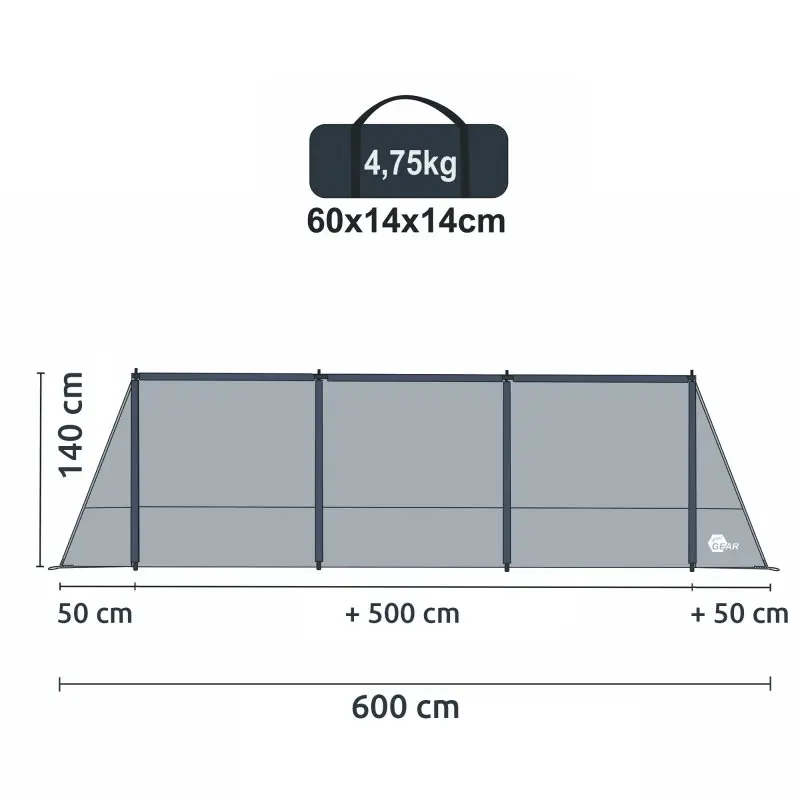 Paravent yourGEAR Levante 600, gris, 600x140 cm, quatre poteaux verticaux, trois barres transversales, sac de transport 60x14x14 cm, poids 4,75 kg, idéal pour plage, camping ou jardin.