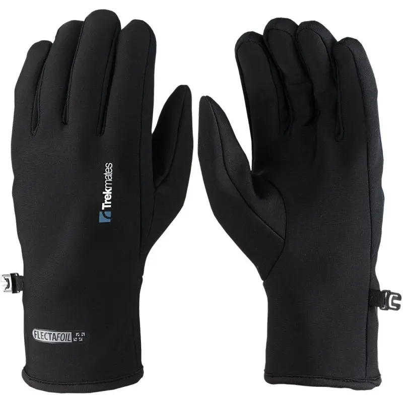 Black Trekmates Brandreth M micro fleece gloves for men and women, featuring a slim fit, stretchy and breathable polyester fabric, visible Trekmates and FlectaFoil logos, suitable as liner or outer gloves.