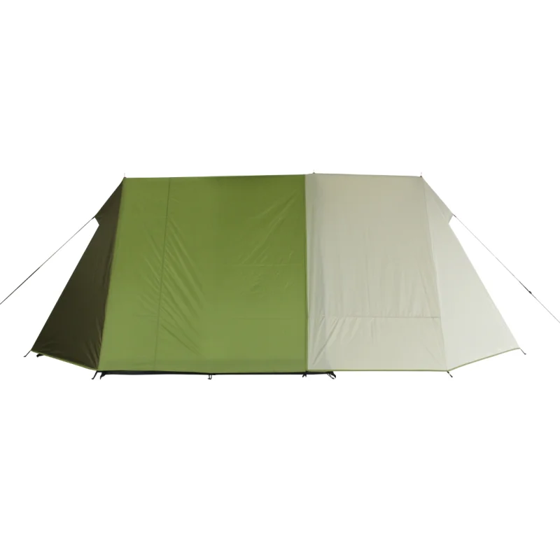 Tente de camping 10T Mungaroo 3 personnes, forme rectangulaire, couleur verte et beige, toile imperméable, grande hauteur sous plafond, adaptée aux familles et aux activités de plein air.