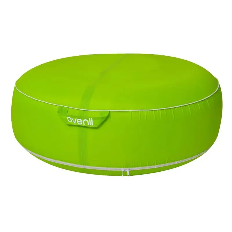 Green inflatable outdoor pouf seat by Avenli, round shape, 98x38 cm, with reinforced water-resistant fabric cover and carrying handle, suitable for garden, terrace, balcony, or camping use.