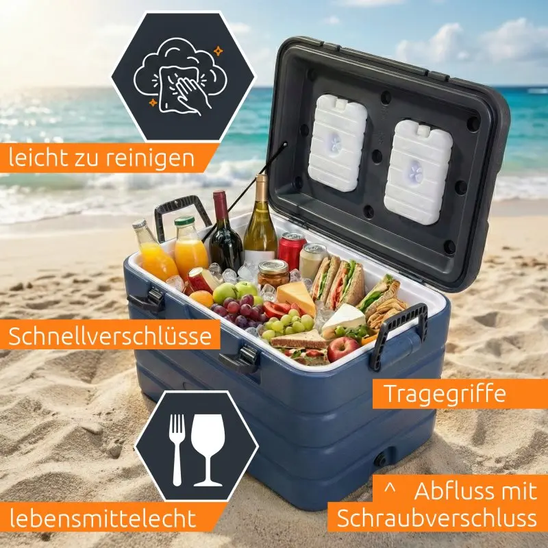Glacière yourGEAR Coolah 60L bleue sur la plage, ouverte, remplie de boissons et aliments, avec poignées, fermetures rapides, isolation PU, facile à nettoyer, apte au contact alimentaire et bouchon de vidange.