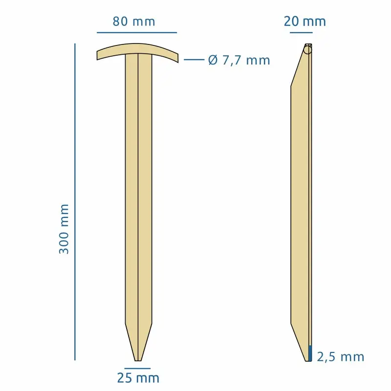 Technische Zeichnung des your GEAR Zeltherings TT 300 aus Stahl, T-Profil, Maße: 300 x 80/25 x 20 mm, mit abgerundetem Kopf, spitzem Ende und Loch, ideal als robuster Erdnagel für Zelte.