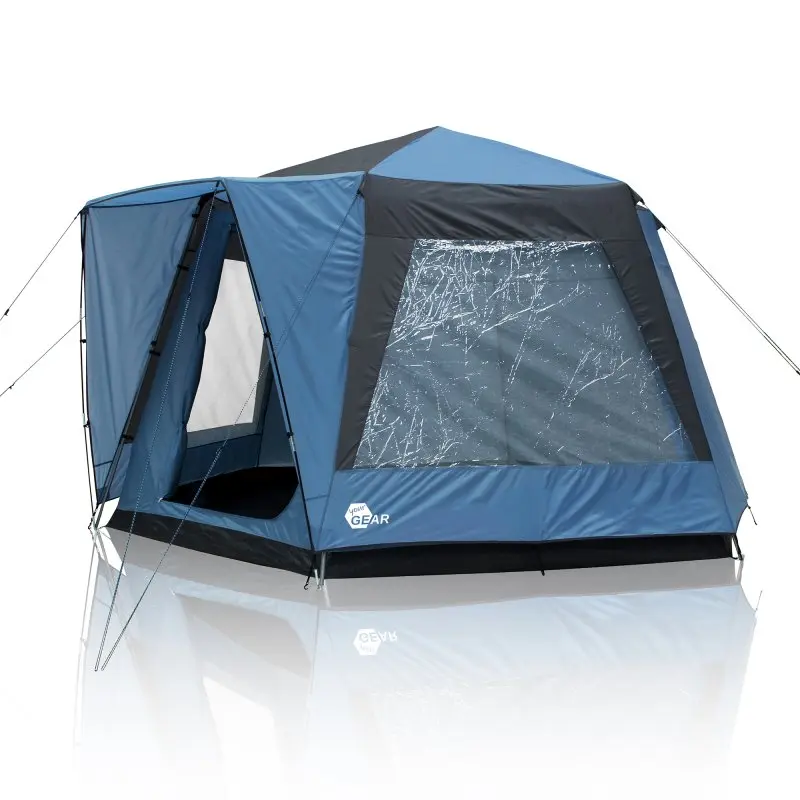 Tente your GEAR Ponza 400 bleue et noire, forme dôme, grandes fenêtres transparentes, entrée spacieuse, sol cuvette, hauteur debout, adaptée groupe ou famille, protection UV 50+, idéale camping et festivals.
