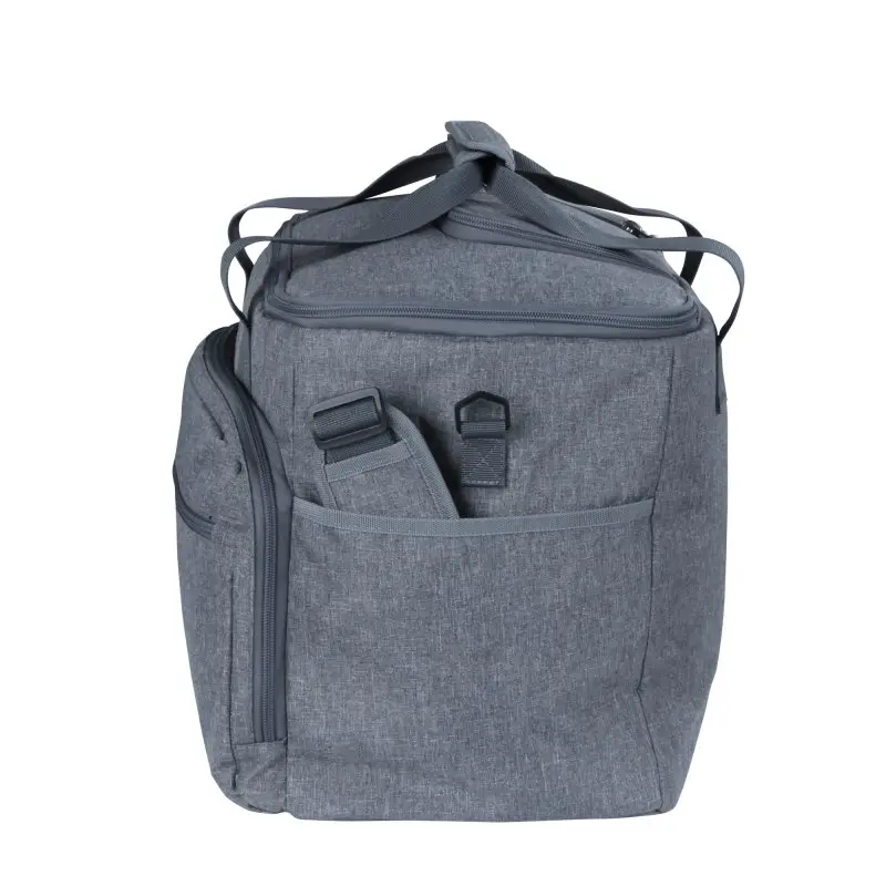 your GEAR Cavoli foldable cooler bag, 30 liters, grey, with sturdy handles, front pocket, side zipper compartment, and adjustable shoulder strap, ideal for picnics, shopping, and keeping items hot or cold.
