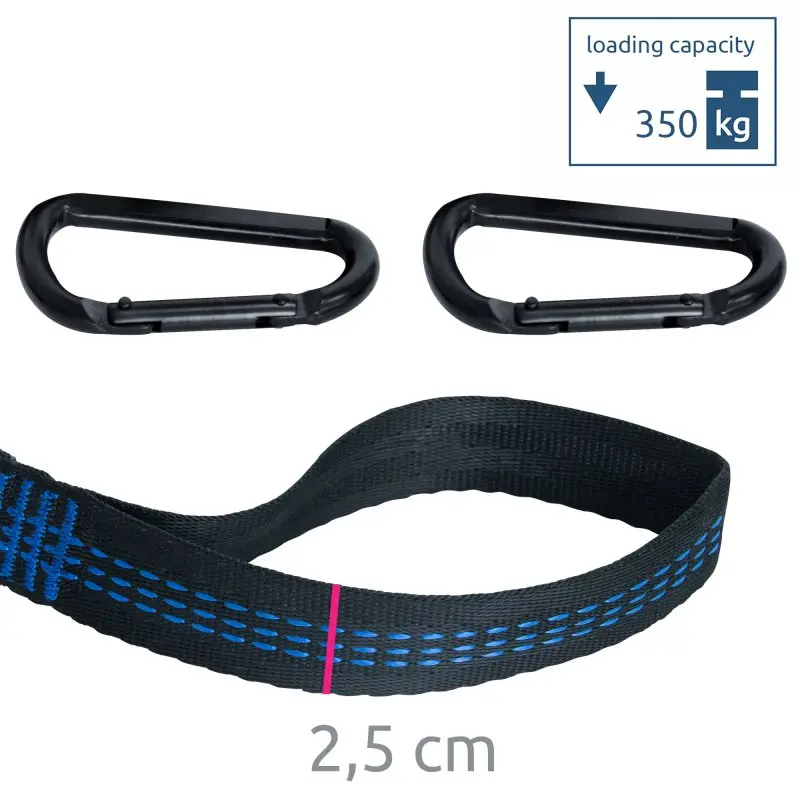 Set de fixation yourGEAR pour hamac, charge maximale 350 kg, comprenant deux mousquetons noirs et une sangle noire de 2,5 cm de large avec coutures bleues, adapté pour arbres ou poutres.