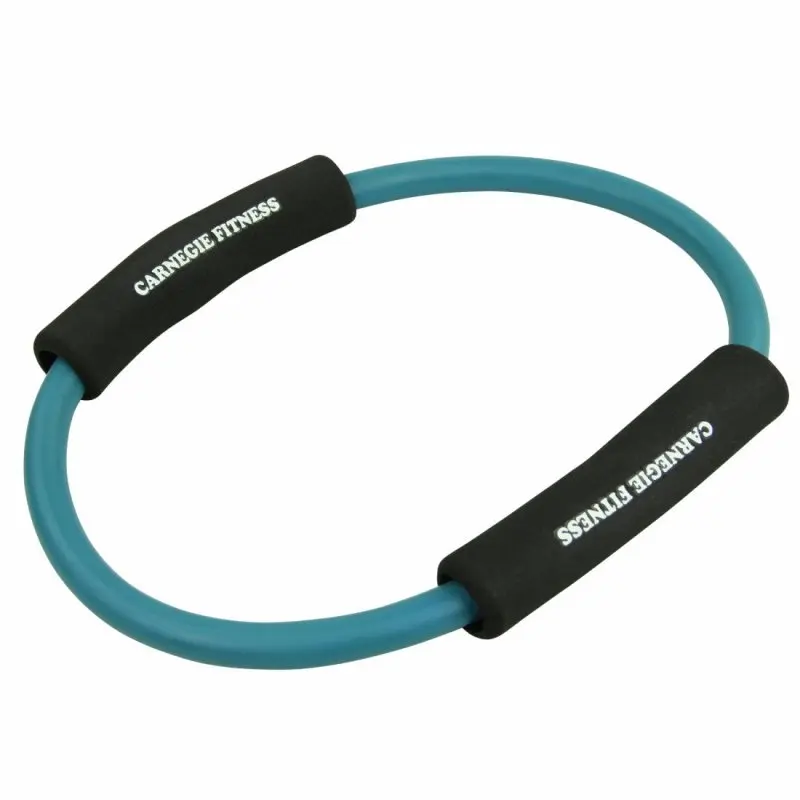 Blue Carnegie O Loop Ring resistance band with black foam handles, designed for fitness, yoga, and Pilates, ideal for home workouts or studio training. "Carnegie Fitness" printed on each handle.